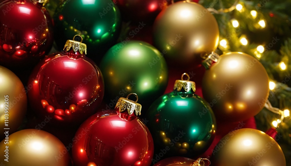 A cluster of Christmas baubles in shiny red, green, and gold, with soft fairy lights wrapped around A cluster of Christmas baubles in shiny red, green, and gold, with soft fairy lights wrapped around