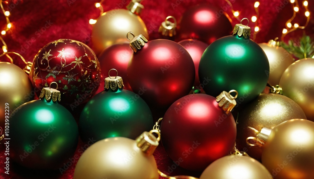 A cluster of Christmas baubles in shiny red, green, and gold, with soft fairy lights wrapped around
A cluster of Christmas baubles in shiny red, green, and gold, with soft fairy lights wrapped around