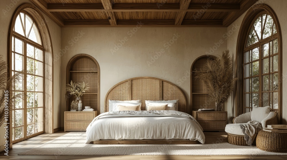 Contemporary dark wooden bedroom with parquet and arched windows. Double bed, carpets and armchairs in white and beige tones. Japandi interior design, 3d illustration Contemporary dark wooden bedroom with parquet and arched windows. Double bed, carpets and armchairs in white and beige tones. Japandi interior design, 3d illustration