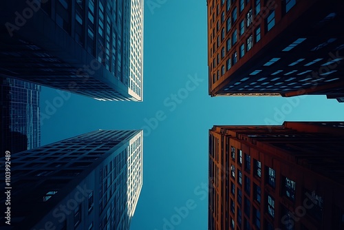 Symmetrical Metropolis High-Rise Buildings, Blue Sky, Daytime View