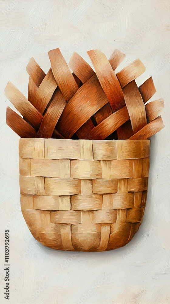Obraz premium A woven basket filled with golden-brown strips, resembling fries, set against a soft, neutral background.
