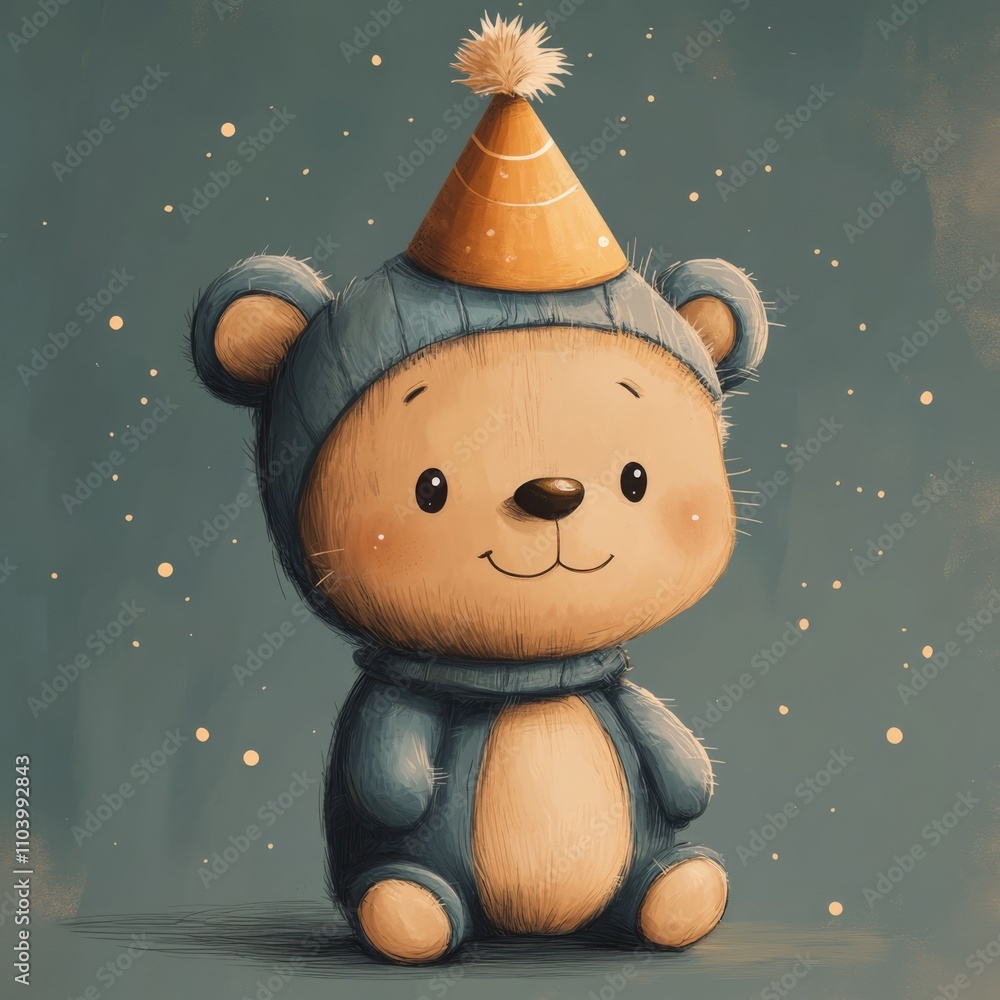 Birthday teddy bear, cartoon style, muted colors, flat, vector style