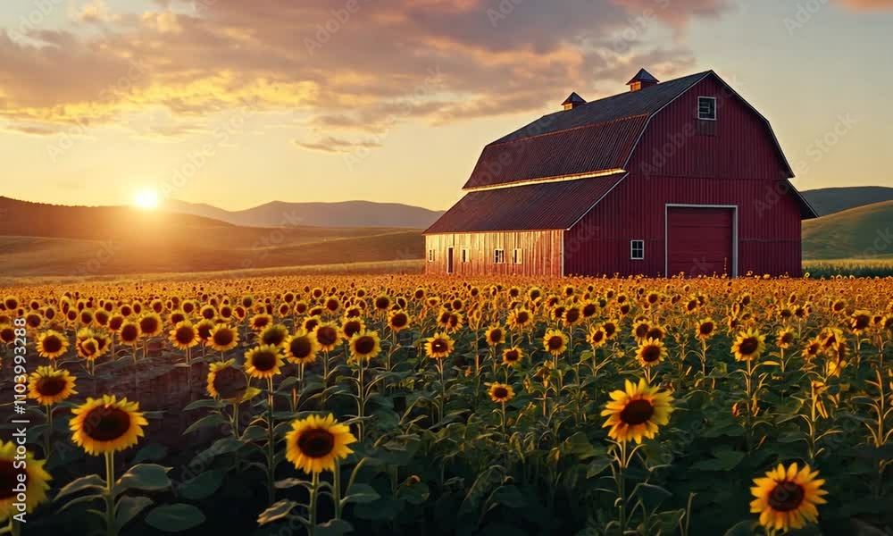 Red Barn at Sunset in a Sunflower Field