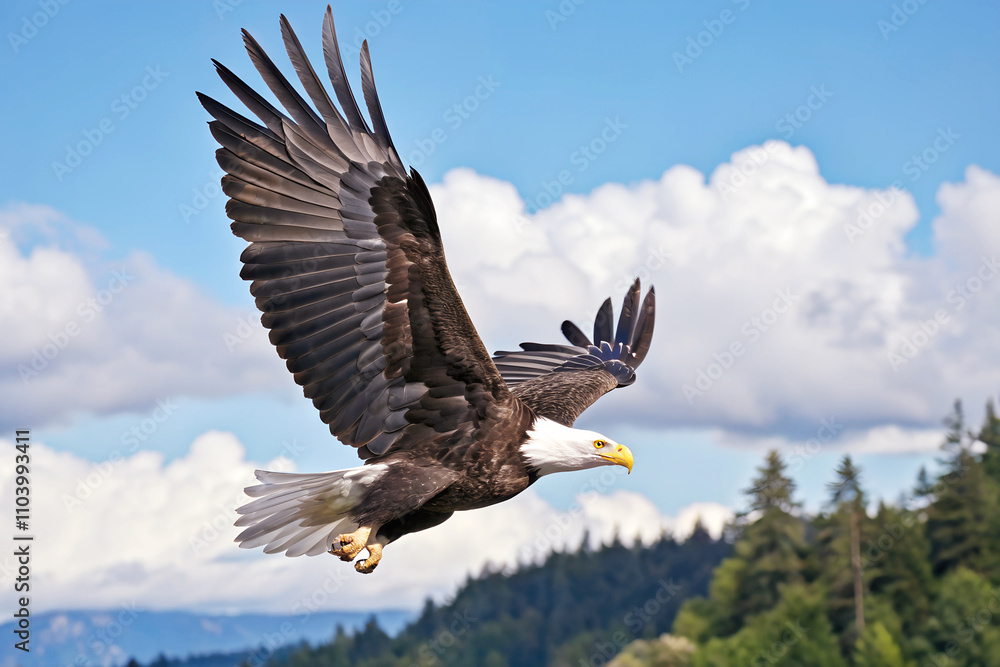 Obraz premium High-resolution image of a Bald Eagle soaring gracefully against a blue sky. This majestic bird of prey with its iconic white head sharp yellow beak and powerful wings, represents freedom and strength