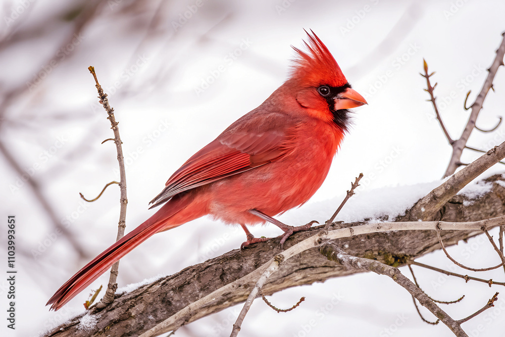 Bright red Northern Cardinal perched on a tree branch, its striking plumage standing out against a soft natural background. This iconic songbird, celebrated for its beauty and cheerful chirps. Bright red Northern Cardinal perched on a tree branch, its striking plumage standing out against a soft natural background. This iconic songbird, celebrated for its beauty and cheerful chirps.