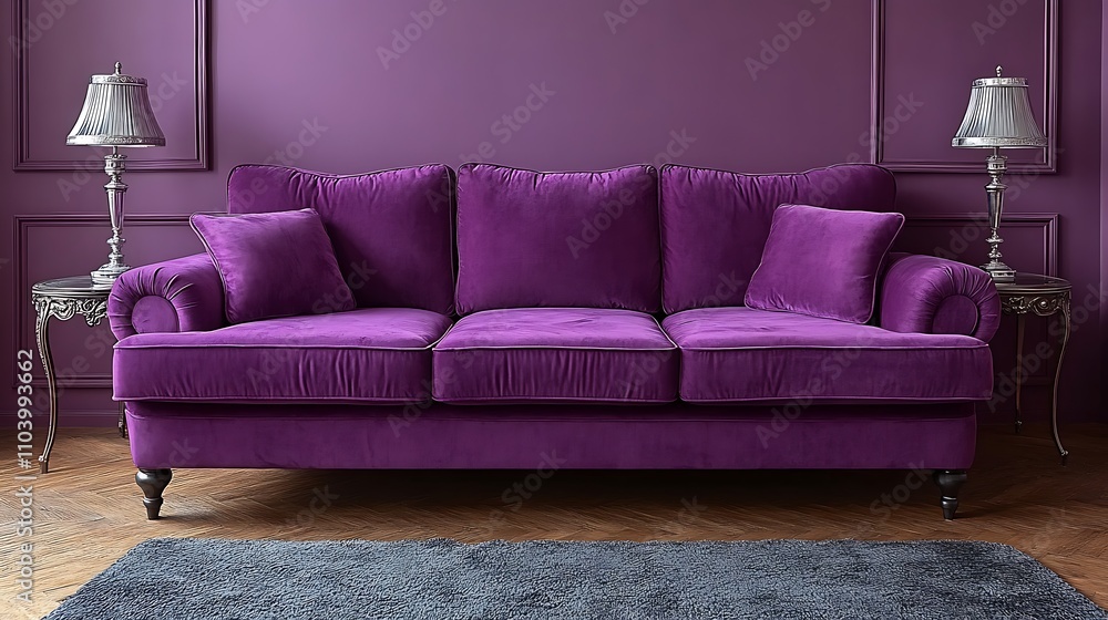 Purple velvet sofa in a luxurious room with dark wood floor and purple walls. Purple velvet sofa in a luxurious room with dark wood floor and purple walls.