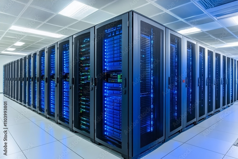 High-Tech Data Center with Rows of Server Racks Illuminated by Blue LED Lights in a Modern Facility with Clean Lines and a Futuristic Design High-Tech Data Center with Rows of Server Racks Illuminated by Blue LED Lights in a Modern Facility with Clean Lines and a Futuristic Design