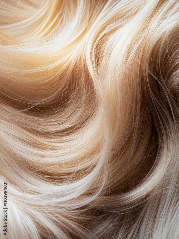 Close-up of blonde hair, light honey-blonde and very bright blonde color with highlights, wavy in shape, product photography. Close-up of blonde hair, light honey-blonde and very bright blonde color with highlights, wavy in shape, product photography.