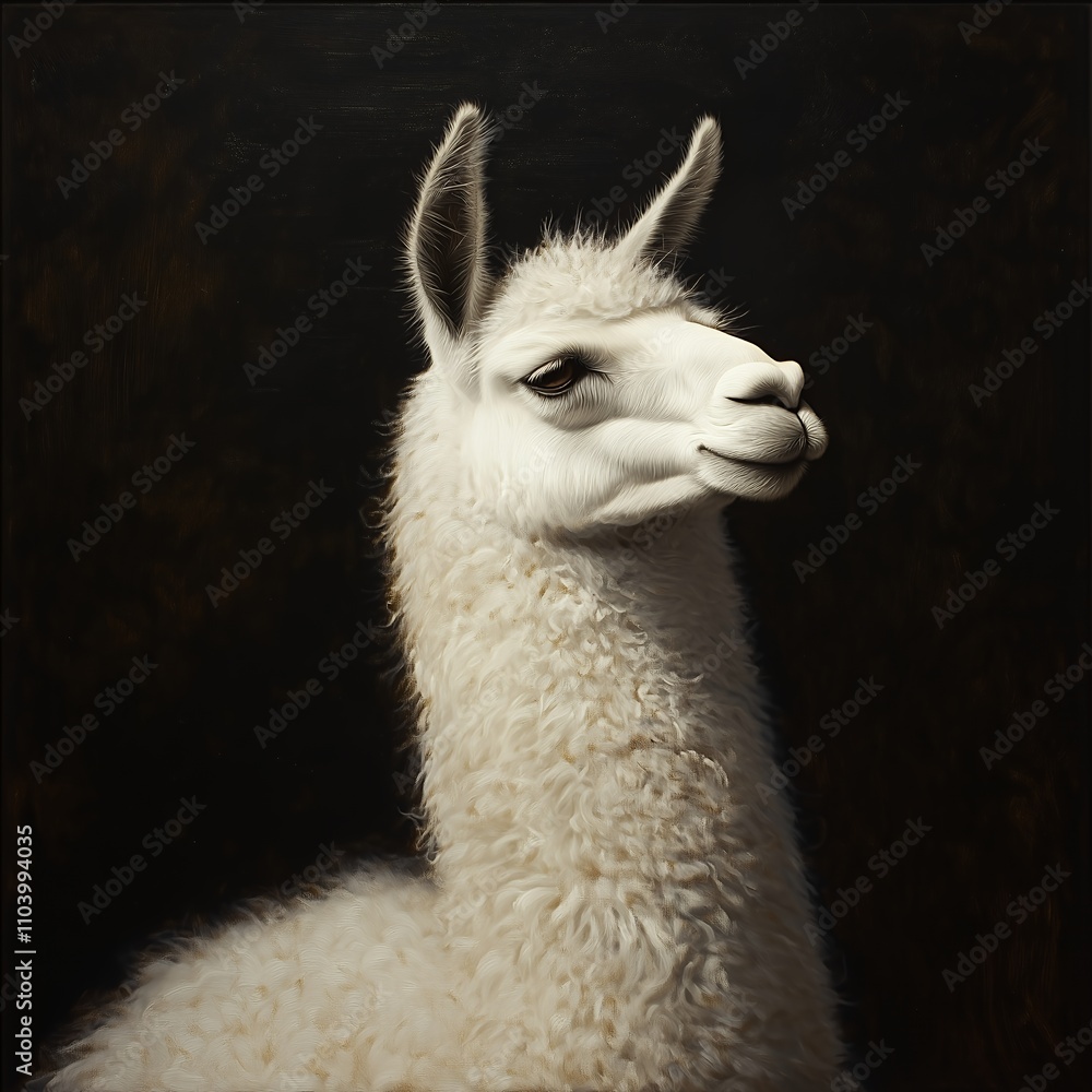 Obraz premium A detailed portrait of a fluffy white llama against a dark background.