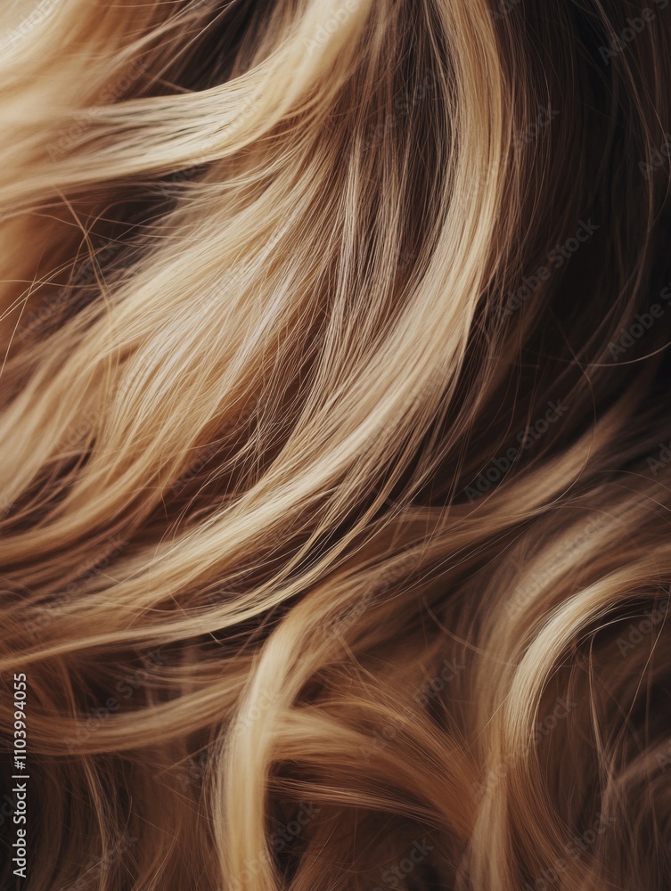 Fototapeta premium Close-up of blonde hair, light honey-blonde and very bright blonde color with highlights, wavy in shape, product photography.