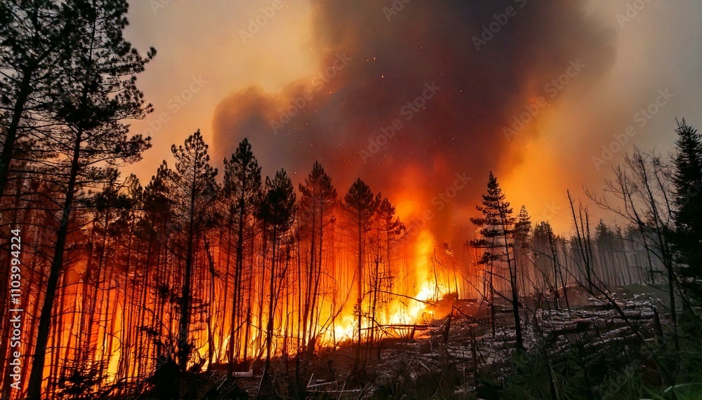 Wide-shot view of a ferocious wildfire spreading across a hillside, with intense flames engulfing the landscape. Wide-shot view of a ferocious wildfire spreading across a hillside, with intense flames engulfing the landscape.