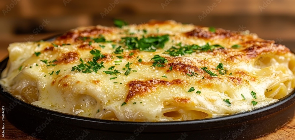 Deliciously Tempting Baked Pasta Closeup with Creamy Cheese Sauce on Rustic Wood Background - Gourmet Comfort Food Concept Deliciously Tempting Baked Pasta Closeup with Creamy Cheese Sauce on Rustic Wood Background - Gourmet Comfort Food Concept