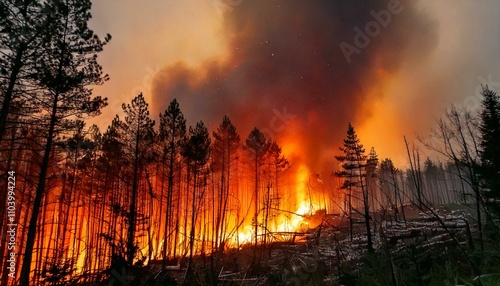 Wide-shot view of a ferocious wildfire spreading across a hillside, with intense flames engulfing the landscape.