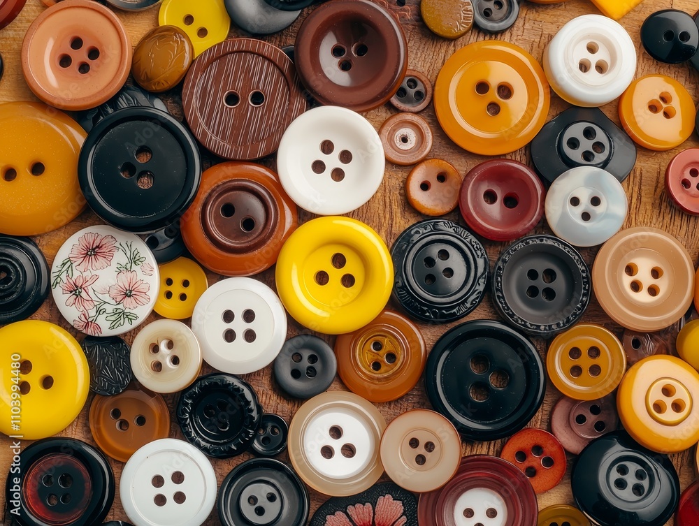 Diverse Button Collection Vibrant Macro View of Colorful Plastic Buttons on Wood Background, Crafting Inspiration Diverse Button Collection Vibrant Macro View of Colorful Plastic Buttons on Wood Background, Crafting Inspiration
