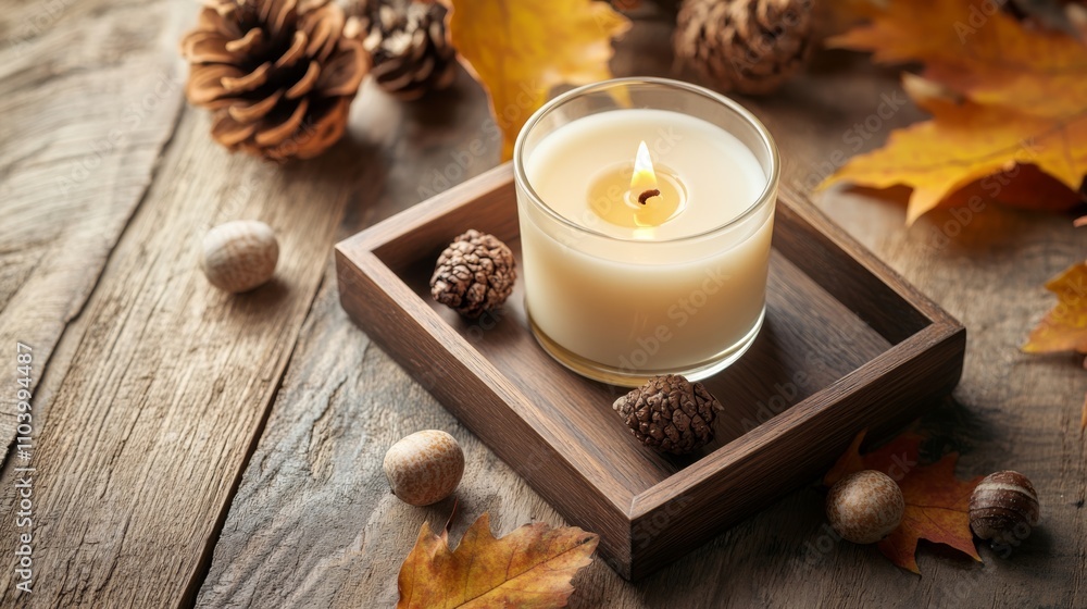 A burning candle on a small wooden tray, placed on a rustic table. surround the candle with pinecones, acorns, and fall leaves