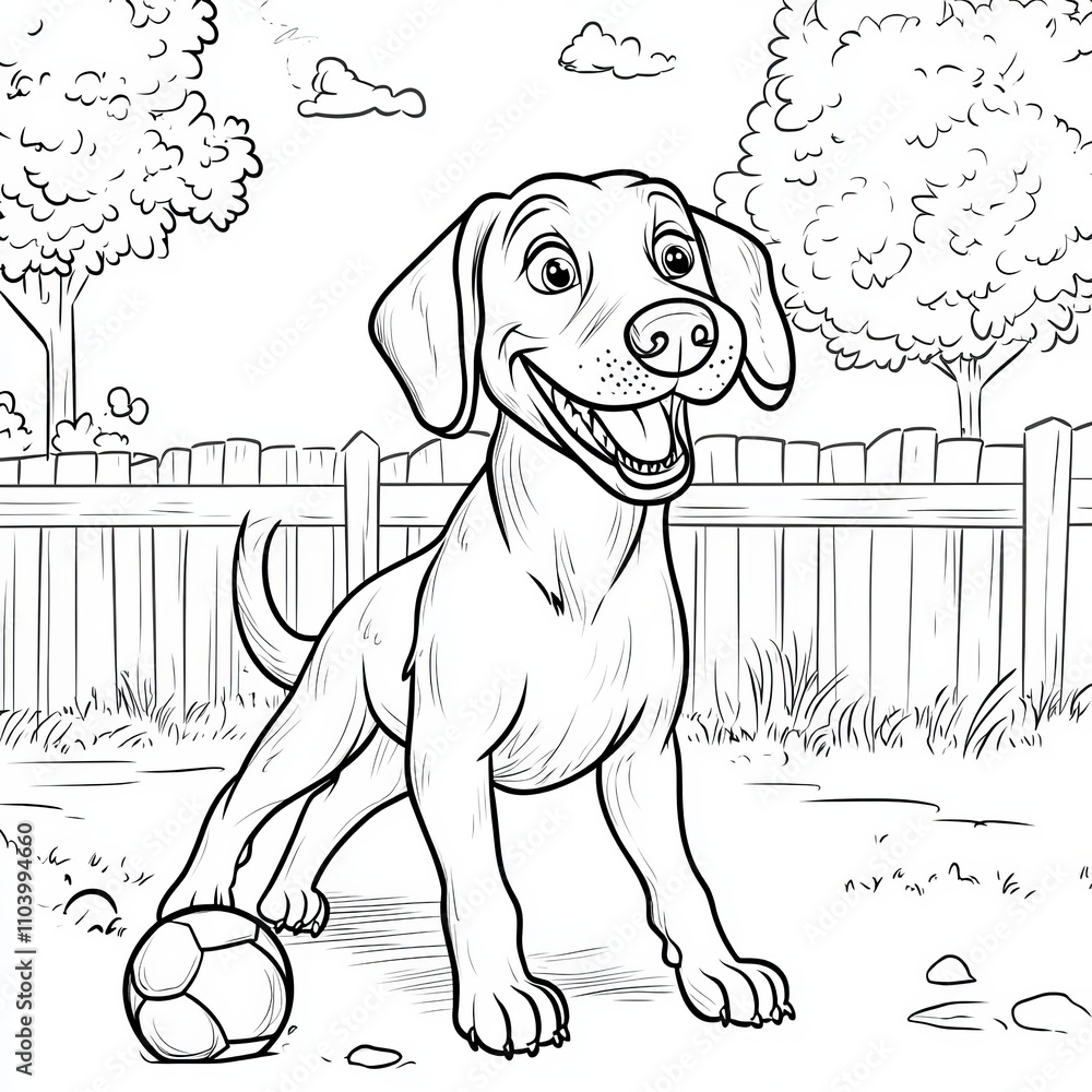 Coloring page for kids featuring a cartoon-style weimaraner playing fetch with a ball in a backyard