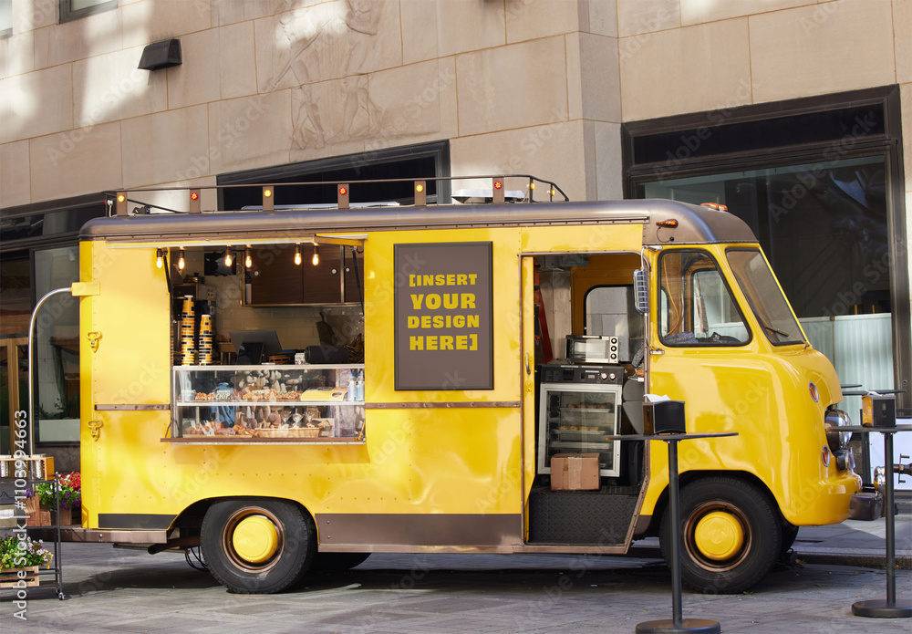 Yellow Fast Food Bright Yellow Fast Food Truck Parked on a Bustling New York Street ...