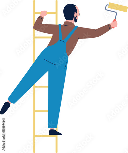 A man in blue overalls is painting a wall