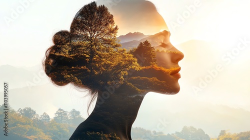 Confident woman in natural double exposure with mountains and sunlight, embodying self-care, growth, and unwavering belief