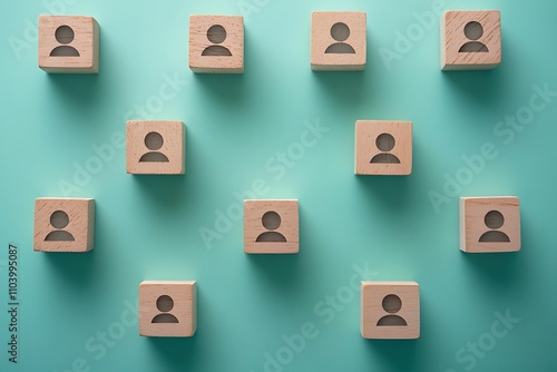 Teal Background Wooden Blocks, Person Icons, Corporate Team Representation