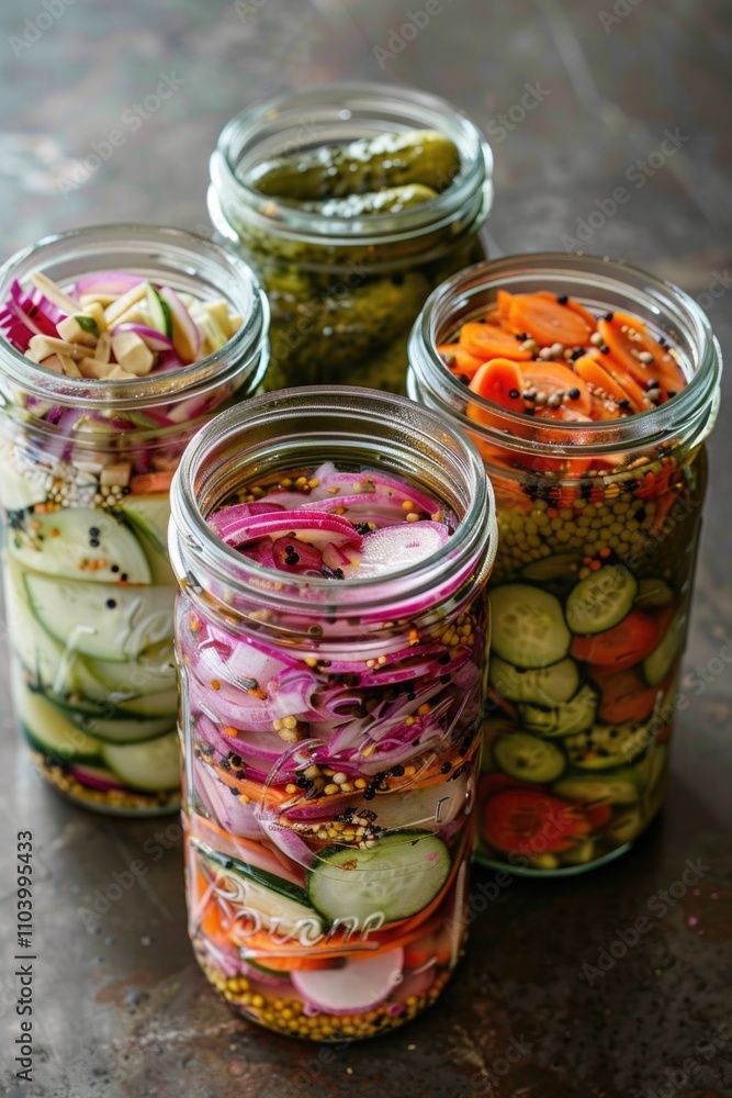A collection of jars filled with pickles and vegetables, ideal for food or kitchen-themed projects A collection of jars filled with pickles and vegetables, ideal for food or kitchen-themed projects