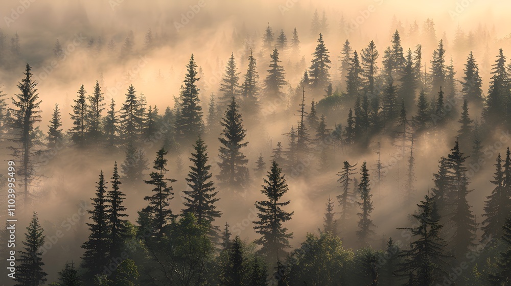 Obraz premium Misty Mountain Forest Sunrise Golden Light