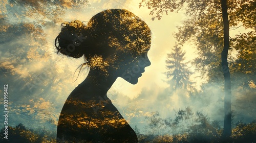 Natural double exposure of a woman in deep contemplation, her silhouette blending with a serene forest, symbolizing transformation, clarity, and mindfulness