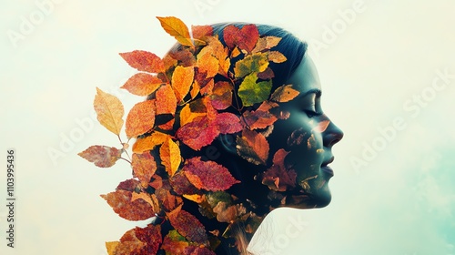 Natural double exposure of a peaceful woman with vibrant leaves, symbolizing growth, self-care, and positive mindset photo