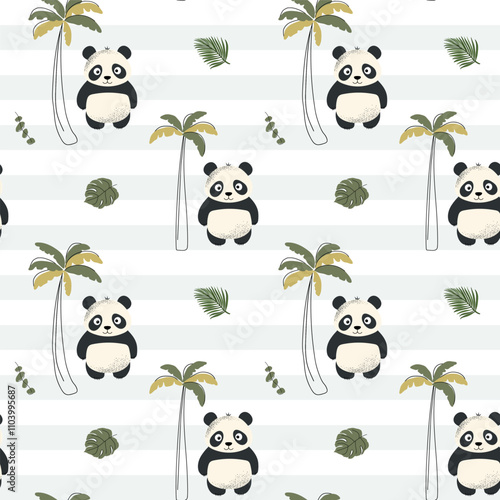 Seamless pattern with cute panda and palm trees. Childish jungle background. Baby panda wallpaper.