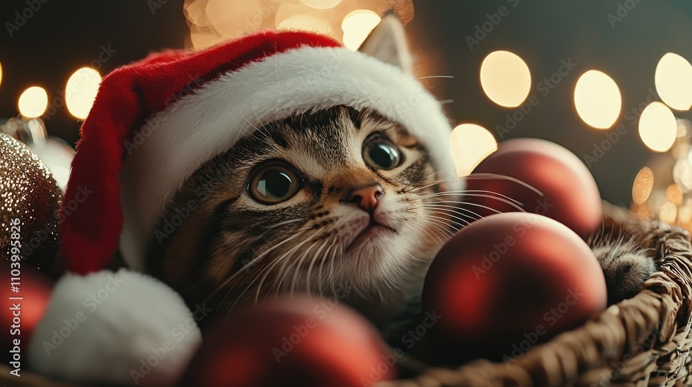 Festive cat with christmas ornaments holiday scene pet cozy environment close-up perspective xmas cheerful vibes Festive cat with christmas ornaments holiday scene pet cozy environment close-up perspective xmas cheerful vibes