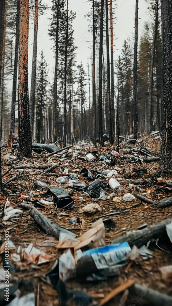 Forest area affected by wildfire shows litter and debris scattered across the ground in a somber environment Forest area affected by wildfire shows litter and debris scattered across the ground in a somber environment
