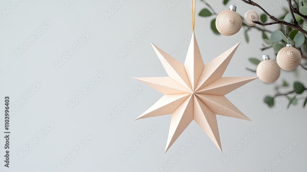 Obraz premium Elegant paper star ornament hangs gracefully on a branch surrounded by simple geometric decorations