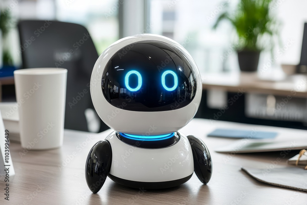Modern Robot Companion with Expressive LED Eyes Sitting on a Desk in a Bright Office Environment, Symbolizing Future Technology and Innovation in Daily Life Modern Robot Companion with Expressive LED Eyes Sitting on a Desk in a Bright Office Environment, Symbolizing Future Technology and Innovation in Daily Life