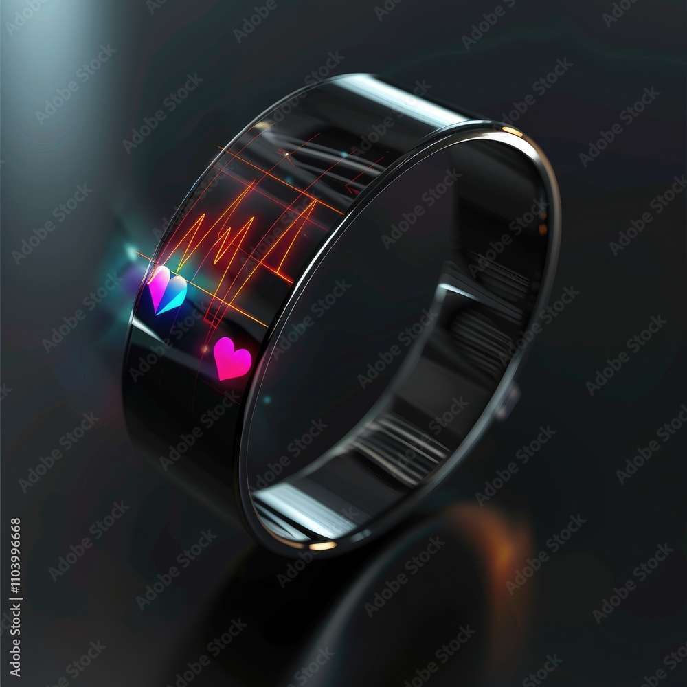 A sleek, futuristic wristband displaying a heartbeat and heart symbols, suggesting health tracking. A sleek, futuristic wristband displaying a heartbeat and heart symbols, suggesting health tracking.