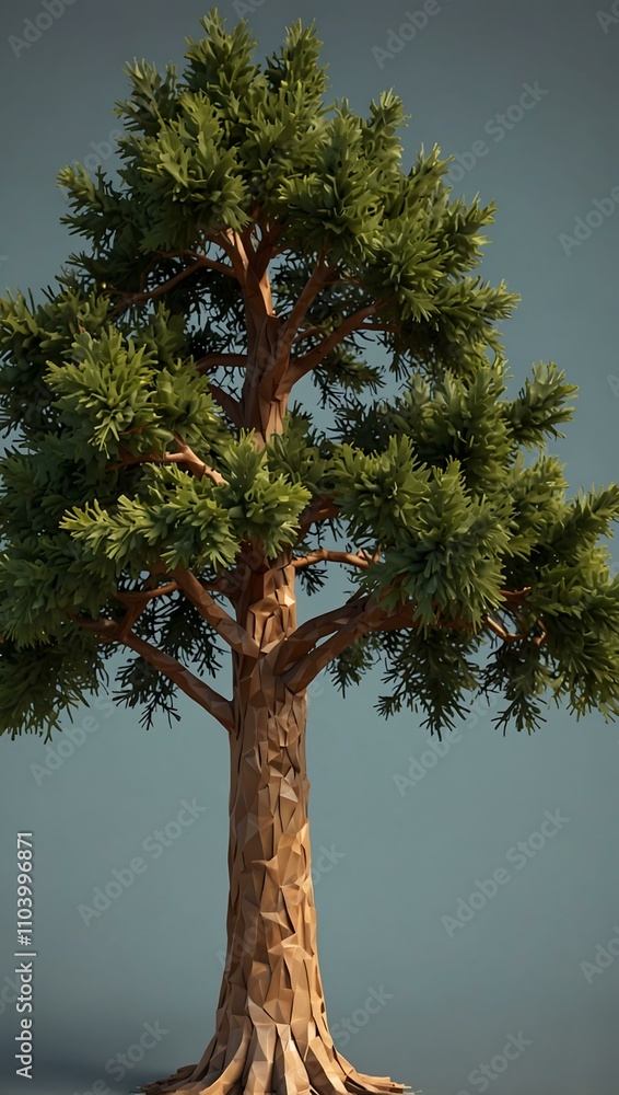 Fototapeta premium 3D low-poly cedar tree with dense, robust structure.