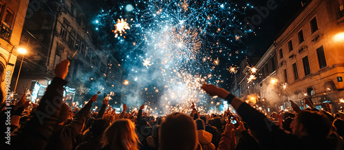 Panoramic image of a crowded street during a New Year celebration, with sparklers lighting up the hands of people and fireworks. generative AI.