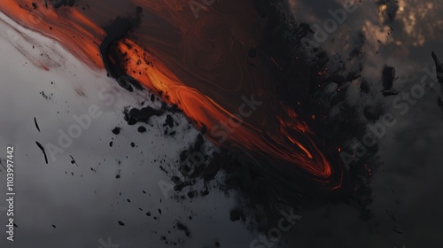 Fiery streaks of deep crimson and burnt orange swirl and collide with smoky black and ash-gray textures, creating a chaotic whirlwind of intense energy that is both destructive and hypnotically  photo