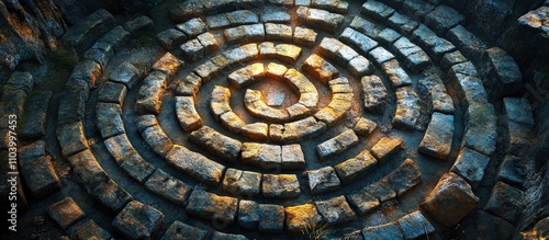 medieval stone labyrinth. background of a stone ancient labyrinth among the ruins