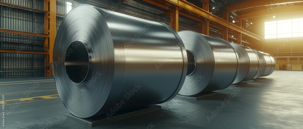 Industrial Elegance Close-Up of Large Steel Rolls in Factory Setting with Warm Lighting and Reflective Surfaces for Manufacturing Concepts Industrial Elegance Close-Up of Large Steel Rolls in Factory Setting with Warm Lighting and Reflective Surfaces for Manufacturing Concepts