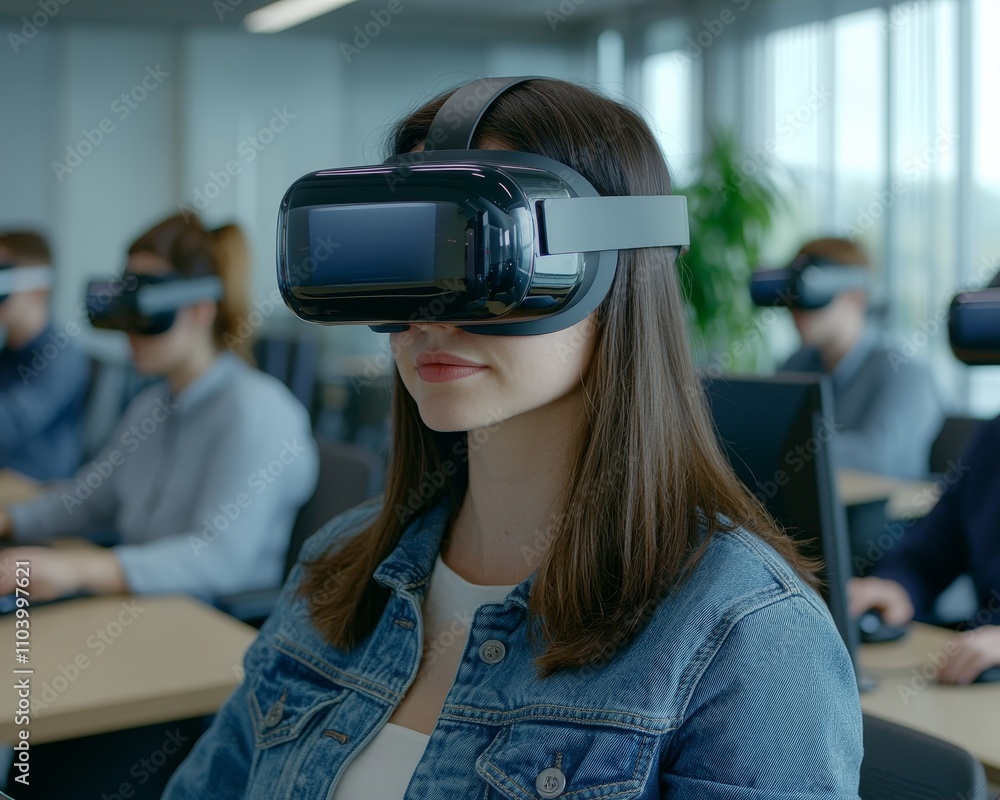 Immersive VR Experience Young Woman in Black Headset in Modern Workspace Immersive VR Experience Young Woman in Black Headset in Modern Workspace