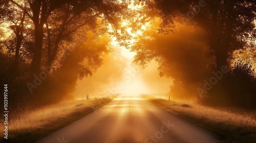 Golden Sunrise Road Through Misty Forest Trees