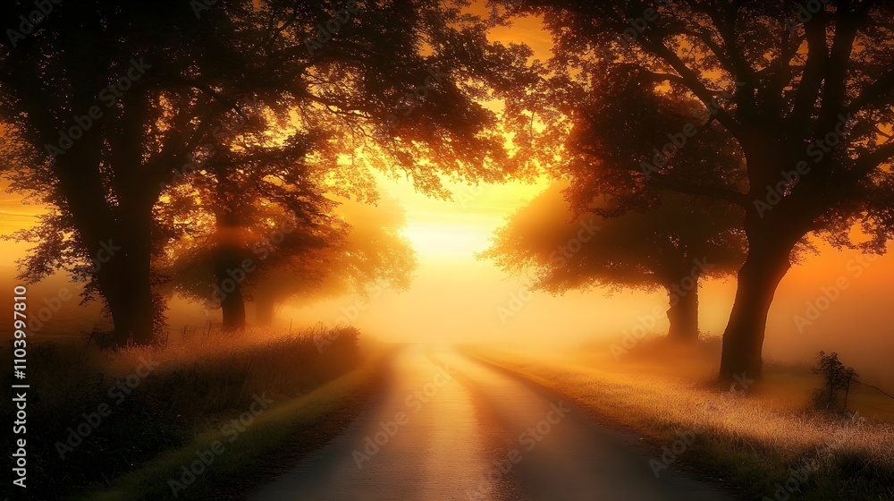 Golden Sunrise Road Through Misty Trees Golden Sunrise Road Through Misty Trees