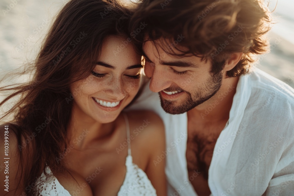 A happy couple smiling at each other on the beach, perfect for vacation or travel photos A happy couple smiling at each other on the beach, perfect for vacation or travel photos
