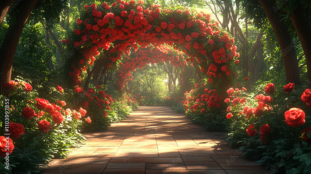 Fototapeta premium Pathway adorned with vibrant roses leads to a serene garden surrounded by lush greenery and soft sunlight. Generative AI