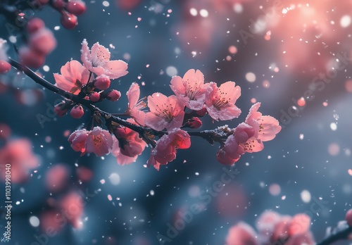 Beautiful Cherry Blossom Flowers in the Snow During a Tranquil Winter Scene with Soft Background Bokeh and Delicate Petals Dancing in the Air