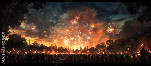 Sprawling urban park crowded with celebrators holding sparklers while a magnificent fireworks display. generative AI. photo