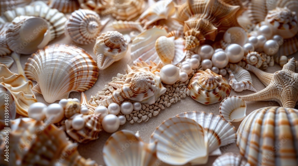 A decorative arrangement of shells and pearls on a table A decorative arrangement of shells and pearls on a table