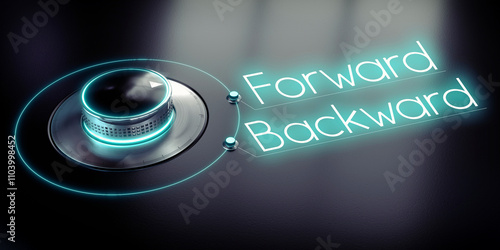 Forward, backward - rotary knob and glowing words - 3D illustration photo