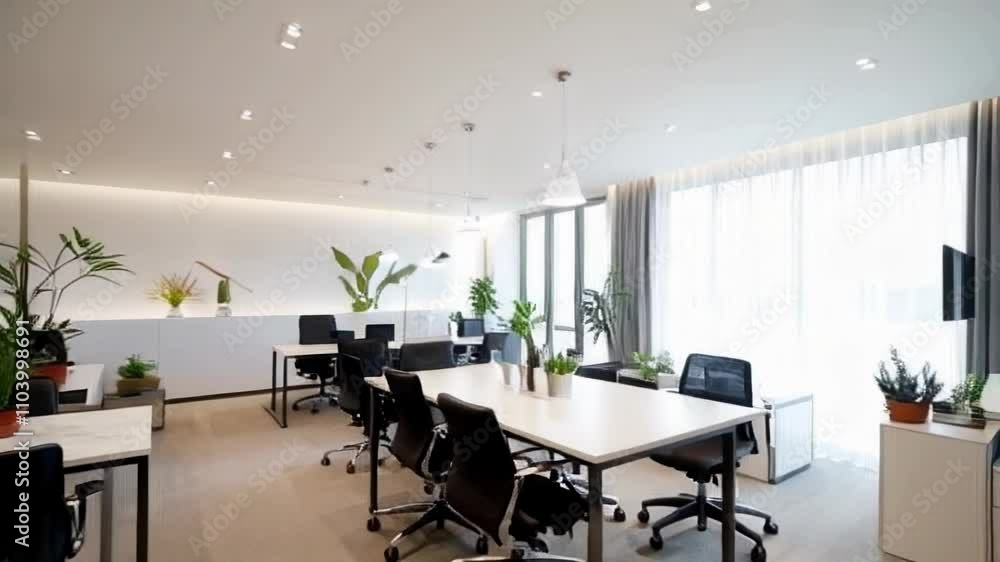 A modern office workspace filled with plants, featuring a clean design and ample natural light, promoting productivity and collaboration. A modern office workspace filled with plants, featuring a clean design and ample natural light, promoting productivity and collaboration.