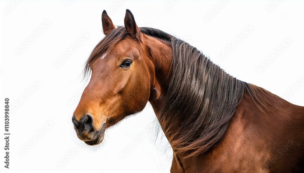 Naklejka premium Majestic horse isolated on white background, ideal for equestrian-themed marketing or artistic use.